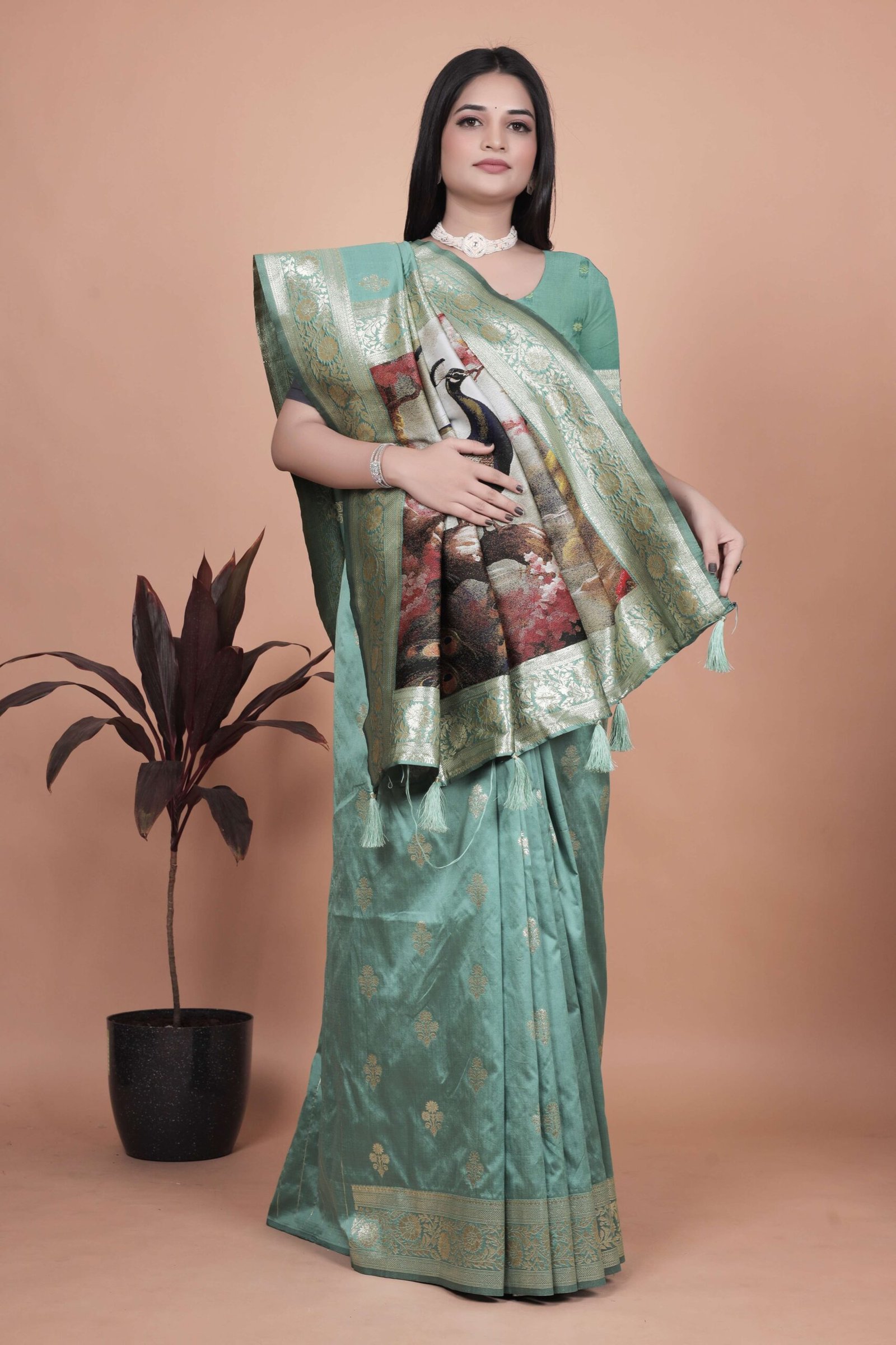 Elegant Sea Green Silk Saree with Golden Zari & Peacock Motif Pallu | Wedding, Festive & Traditional Wear - Image 4
