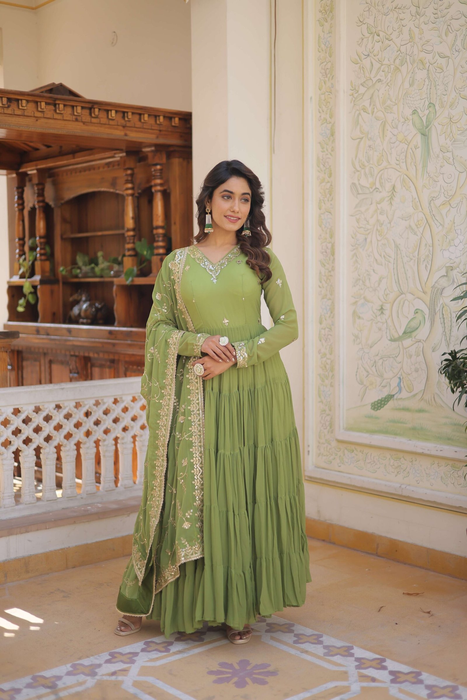 Green Faux Georgette Designer Gown with Sequined Dupatta ? Fully Flared Elegant Ready-to-Wear Set