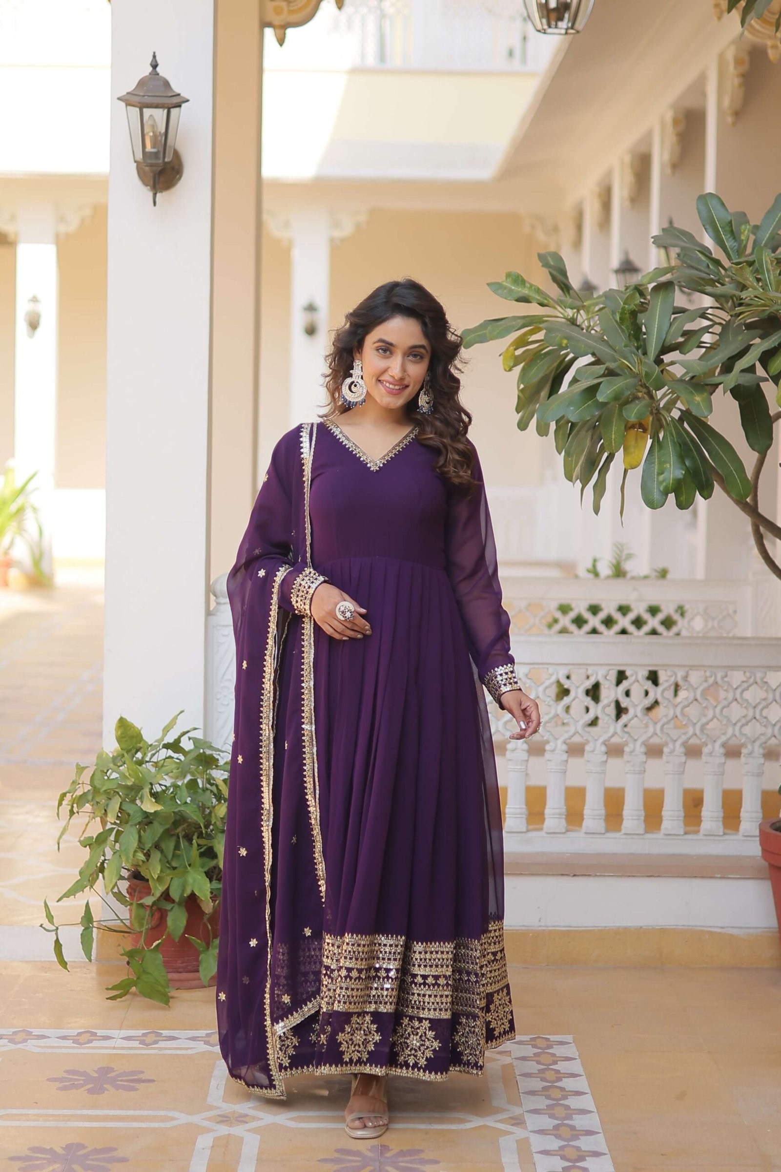 Purple Faux Blooming Gown with Sequined Dupatta ? Elegant Fully Flared Party & Wedding Set - Image 4