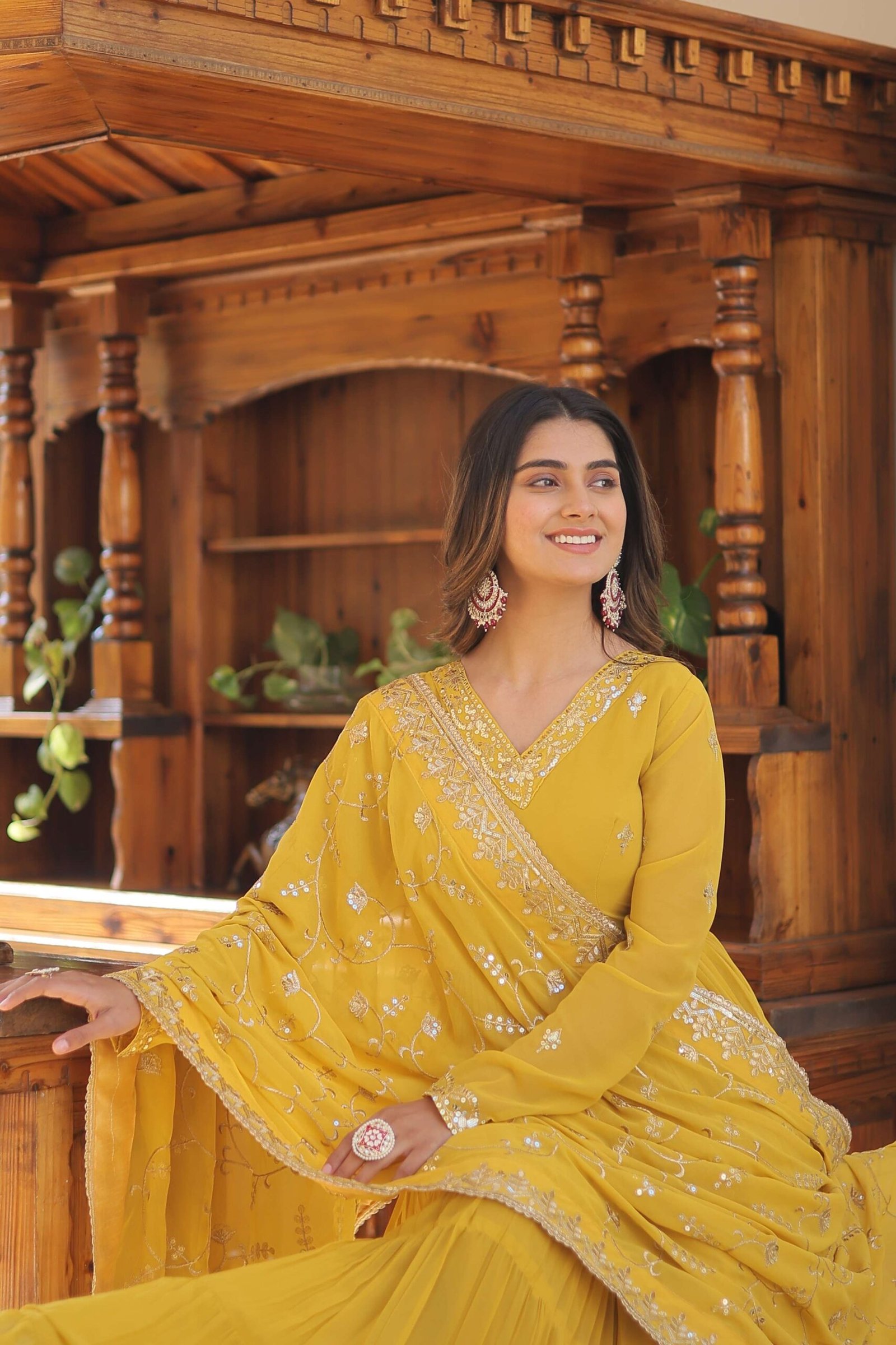 Yellow Faux Georgette Designer Gown with Sequined Dupatta ? Fully Flared Elegant Party & Wedding Set