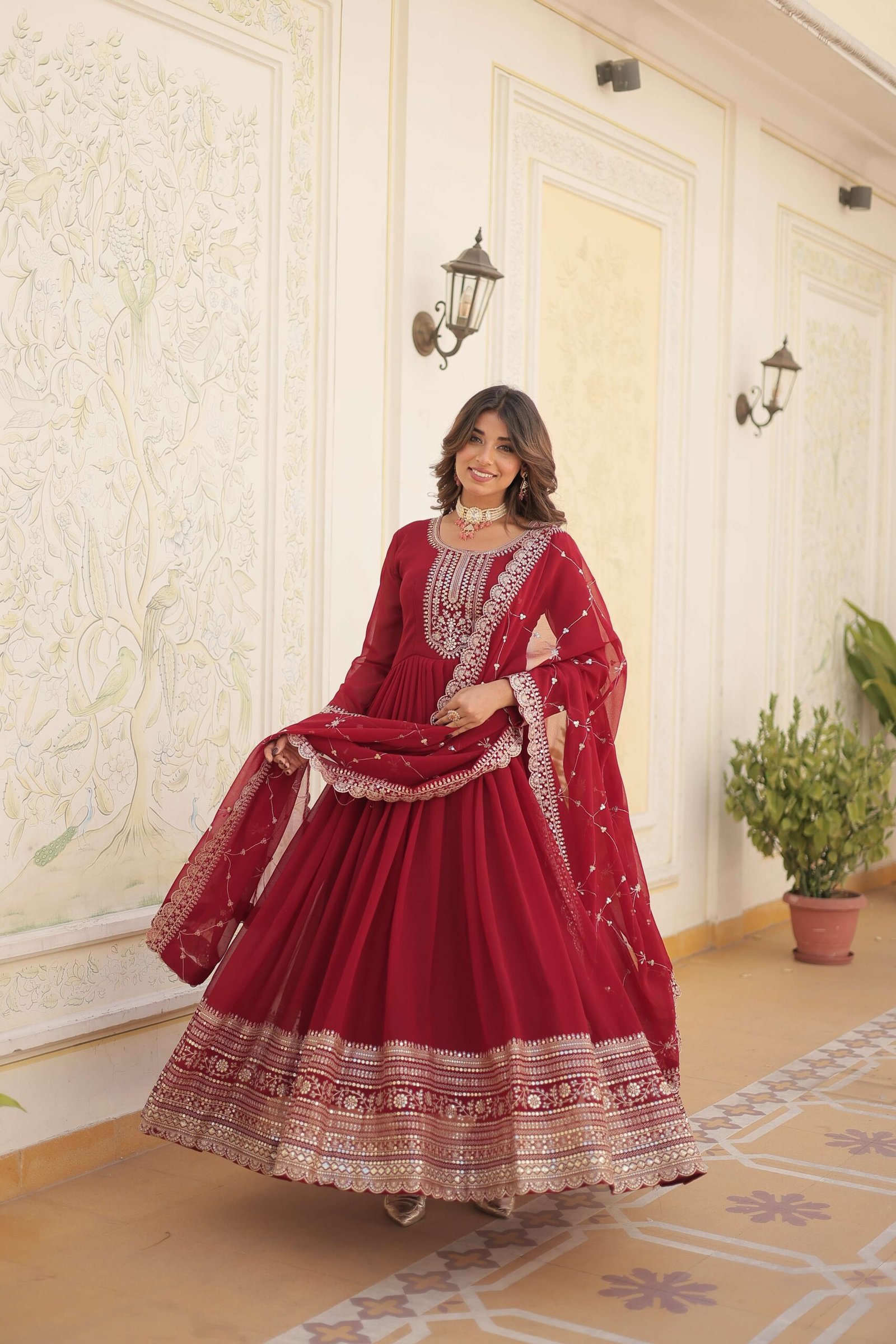 Maroon Faux Blooming Sequins Embroidered Gown with Matching Dupatta ? Festive & Party Wear 2024 - Image 2