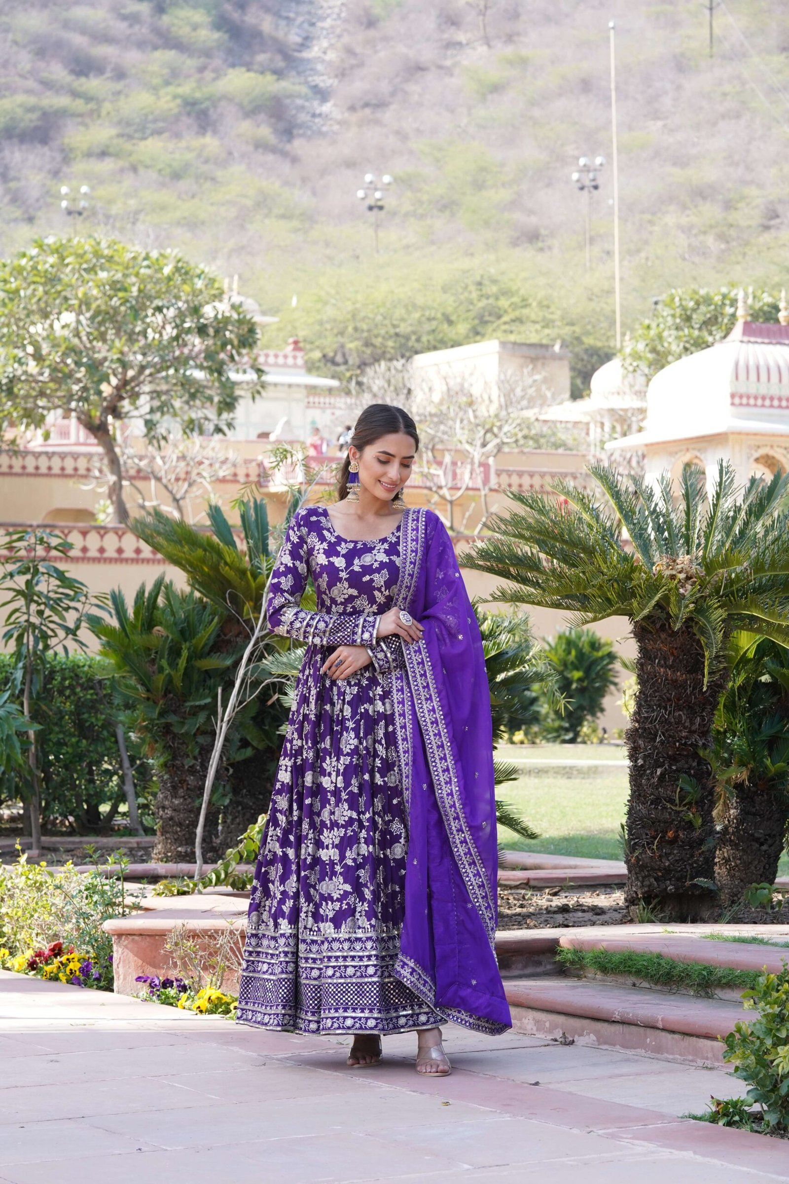Purple Viscose Dyable Jacquard Gown with Russian Silk Sequined Dupatta ? Elegant Party & Wedding Set - Image 2