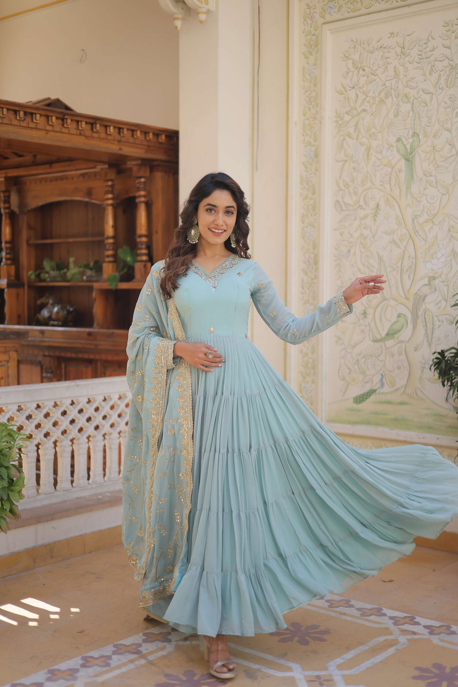 SKY Faux Georgette Designer Gown with Sequined Dupatta ? Elegant Fully Flared Party & Wedding Set - Image 5