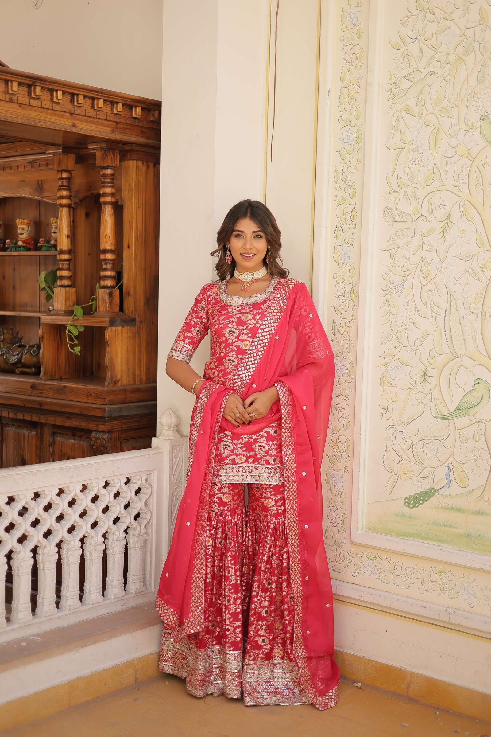 Pink Faux Blooming Sequins Embroidered Sharara Set with Matching Dupatta ? Festive & Party Wear 2024 - Image 2