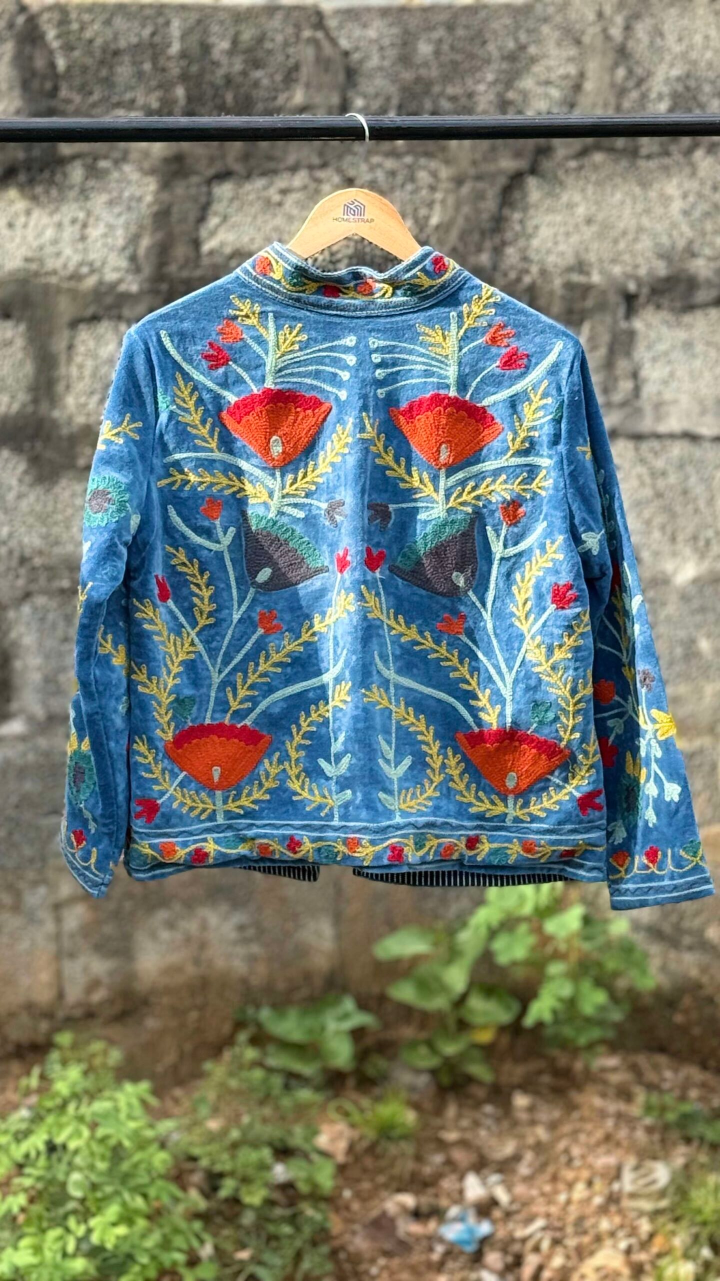 Womens Light Sky Blue Velvet Embroidered Jacket with Floral Design - Image 4