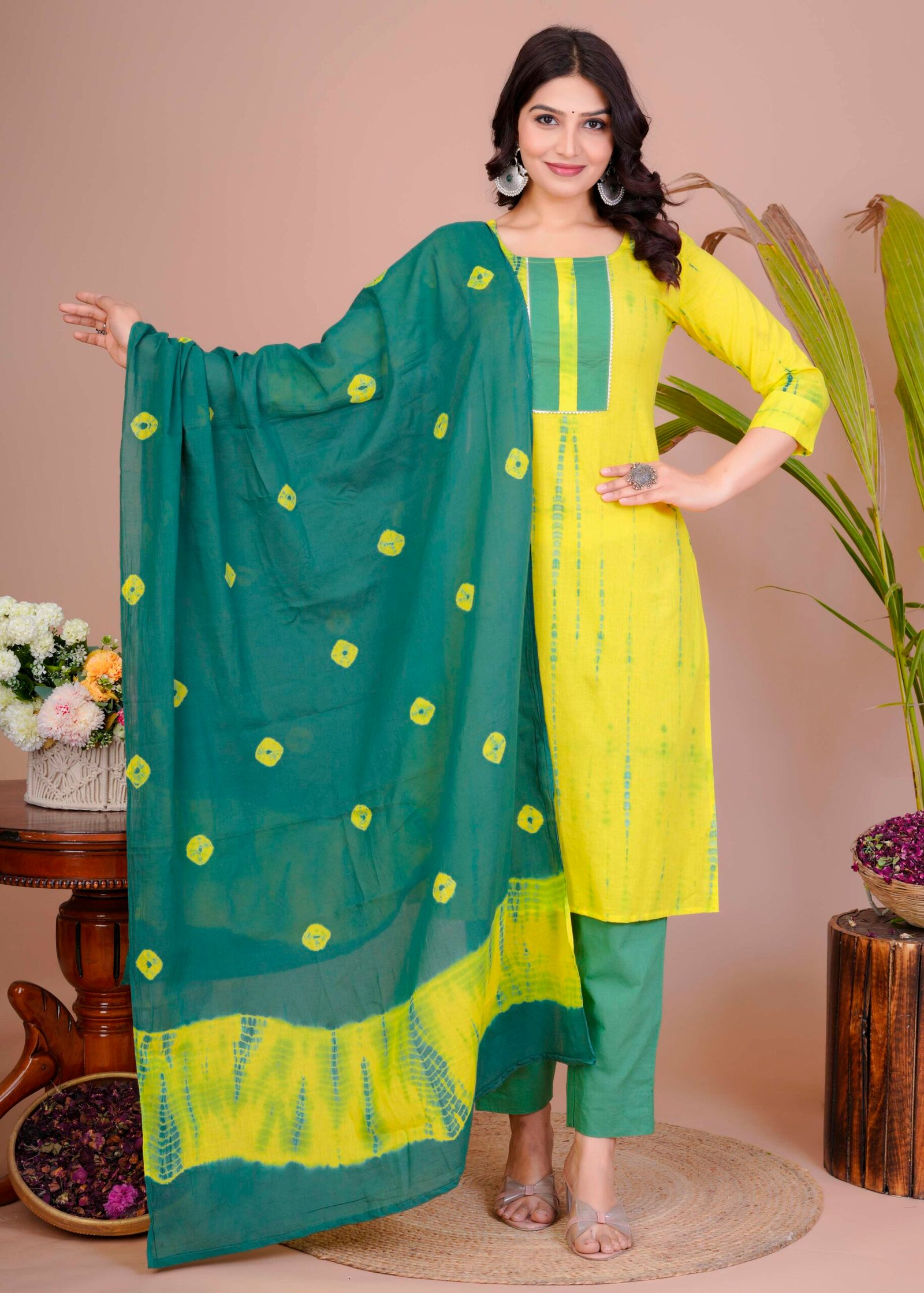 Women's Yellow & Green Cotton Tie-Dye Straight Kurti with Pant & Dupatta Set