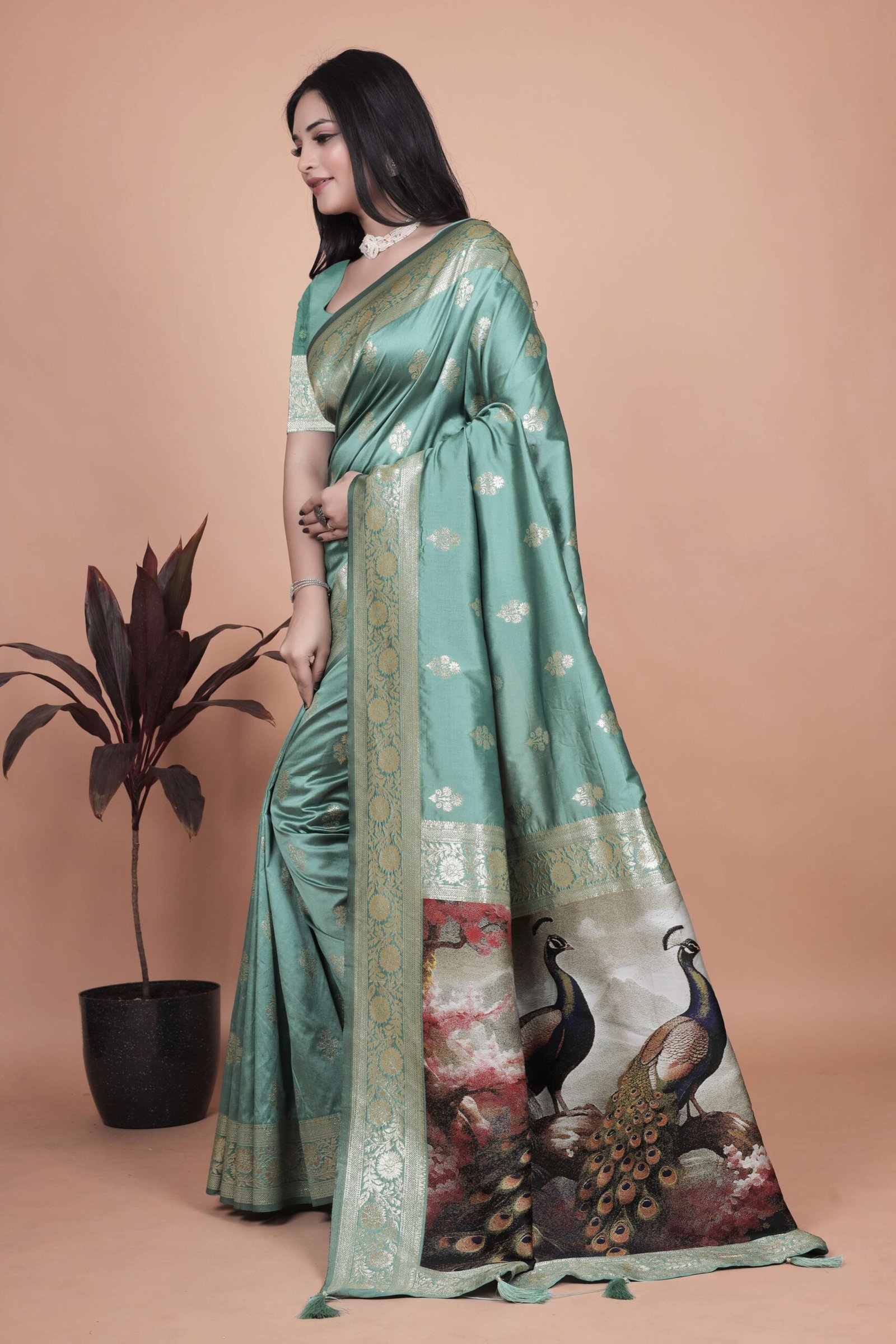 Elegant Sea Green Silk Saree with Golden Zari & Peacock Motif Pallu | Wedding, Festive & Traditional Wear - Image 2