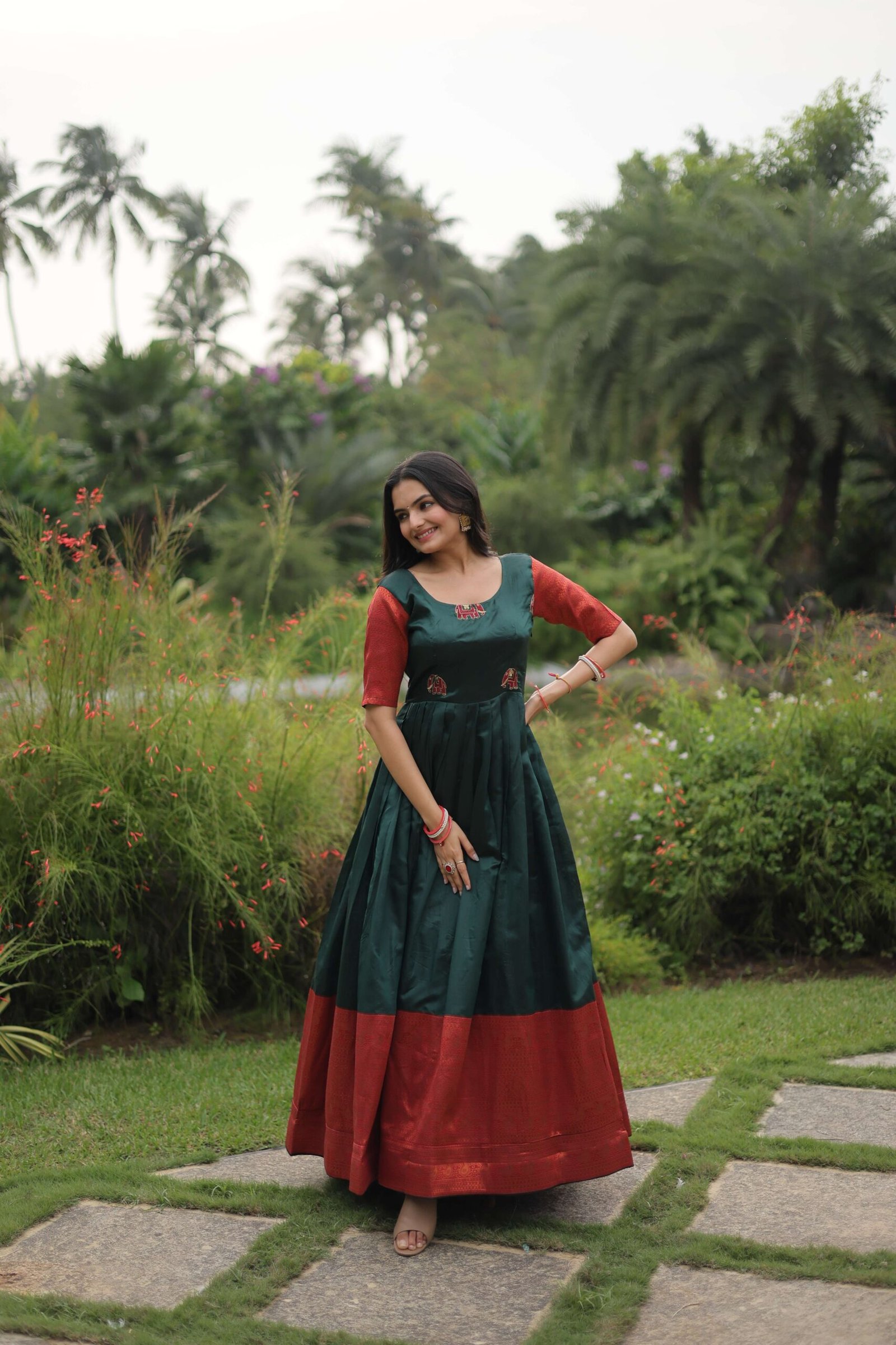 Green Banarasi Jacquard Silk Gown ? Elegant Free-Size Designer Party & Wedding Wear - Image 3
