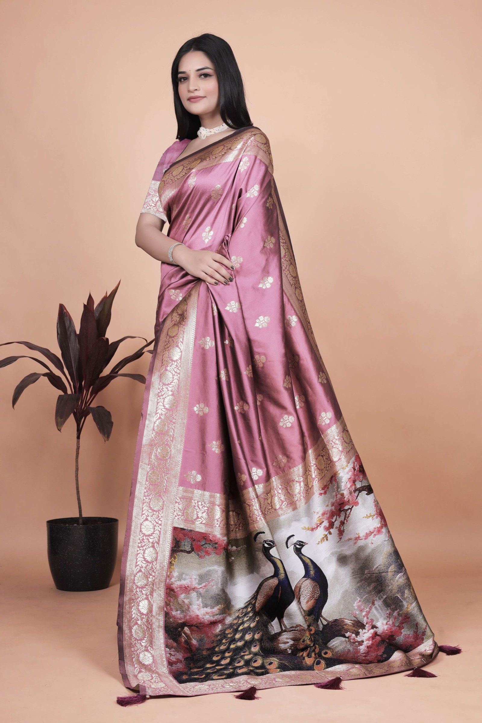 Rosewood Pink Banarasi Silk Saree with Golden Zari & Peacock Pallu | Wedding, Festive & Traditional Wear - Image 2