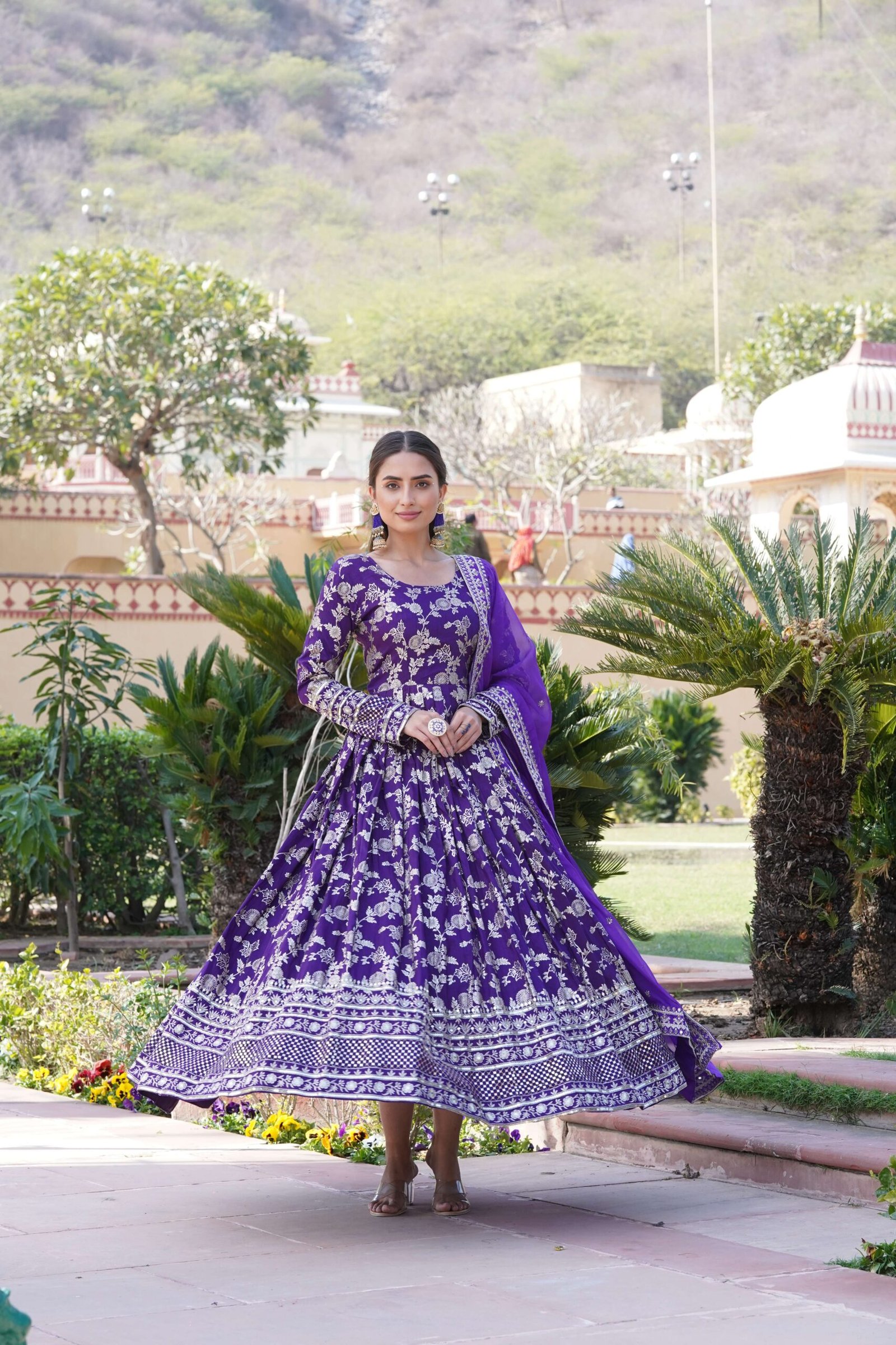 Purple Viscose Dyable Jacquard Gown with Russian Silk Sequined Dupatta ? Elegant Party & Wedding Set - Image 5