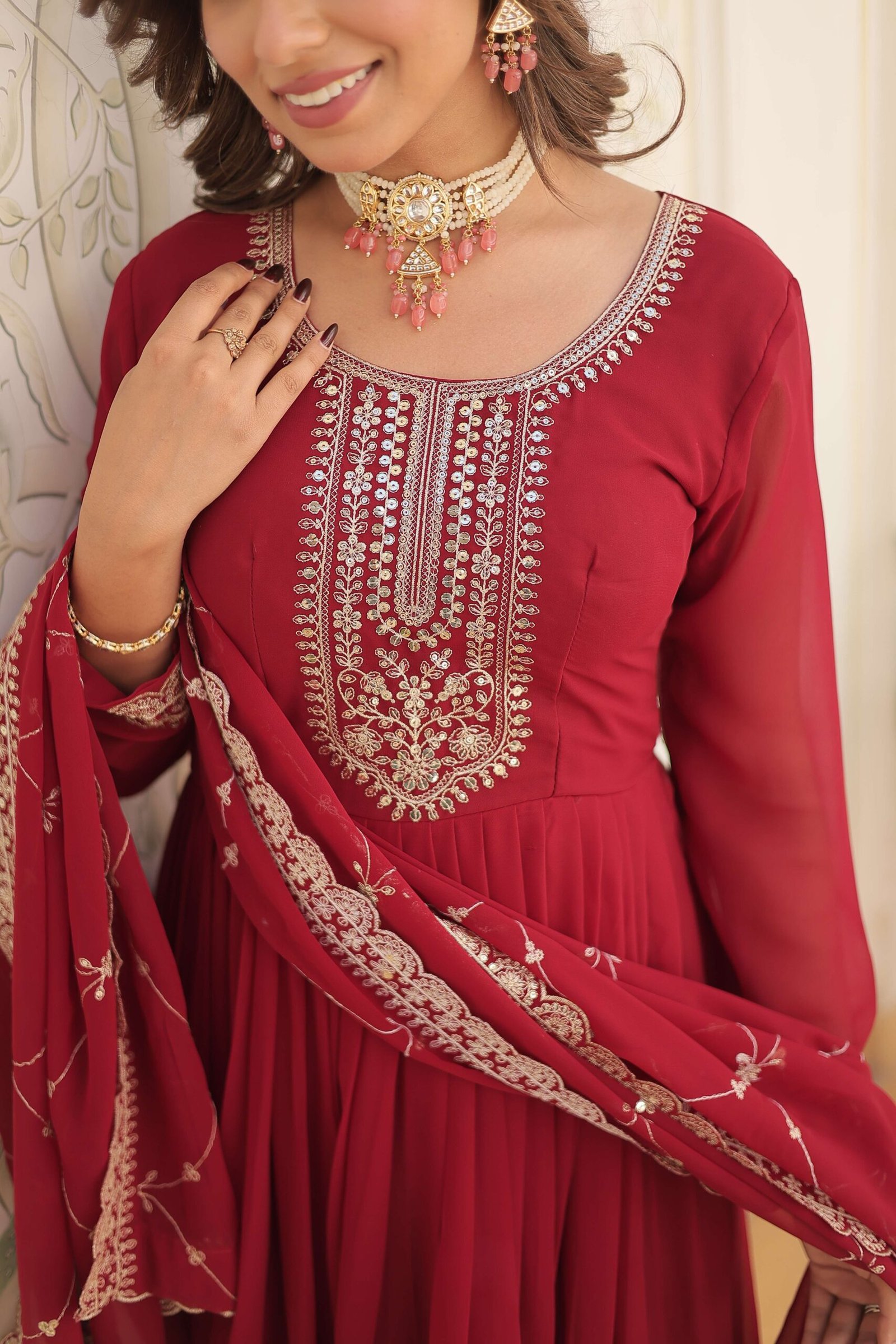 Maroon Faux Blooming Sequins Embroidered Gown with Matching Dupatta ? Festive & Party Wear 2024 - Image 7