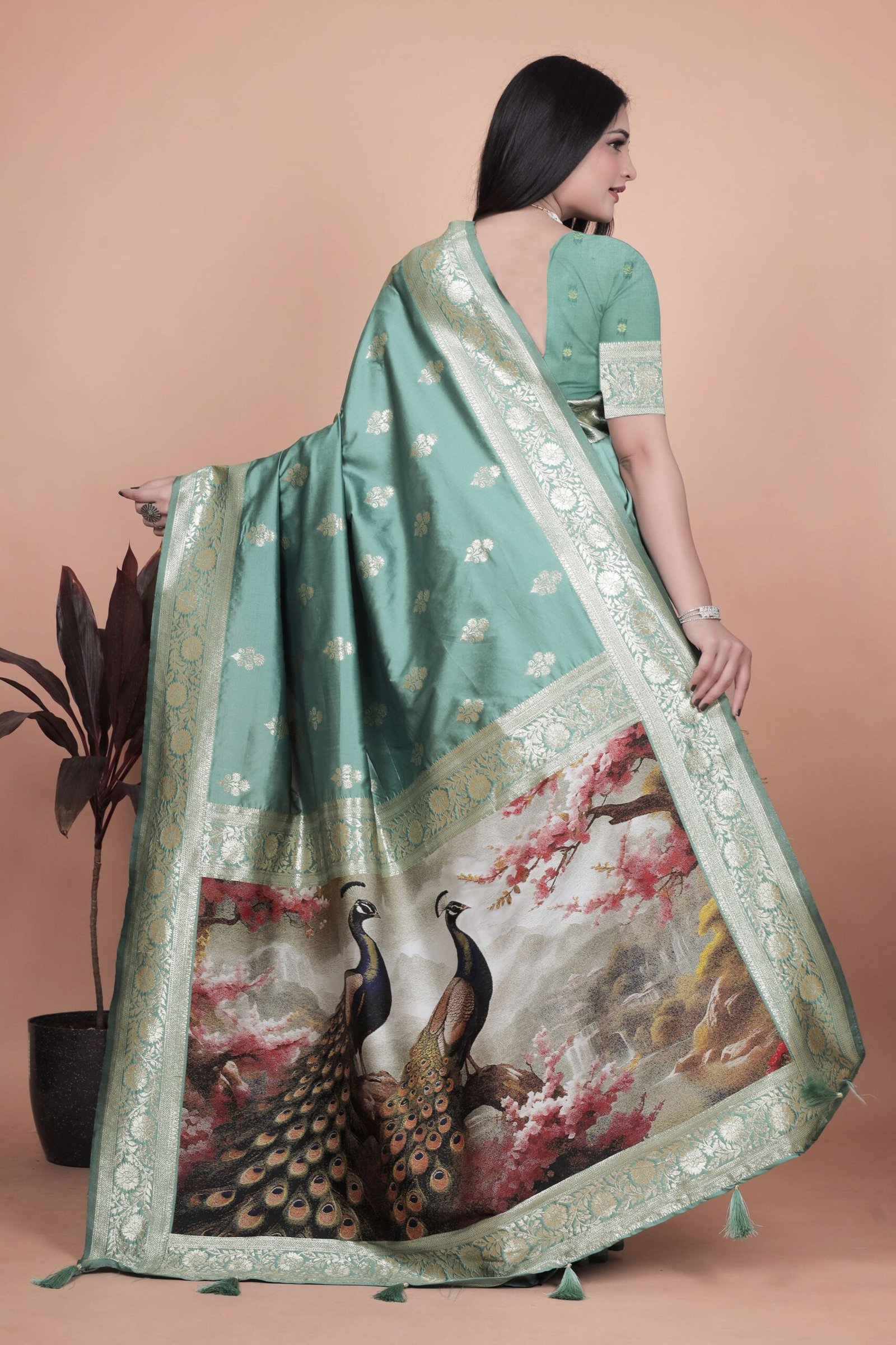 Elegant Sea Green Silk Saree with Golden Zari & Peacock Motif Pallu | Wedding, Festive & Traditional Wear - Image 3