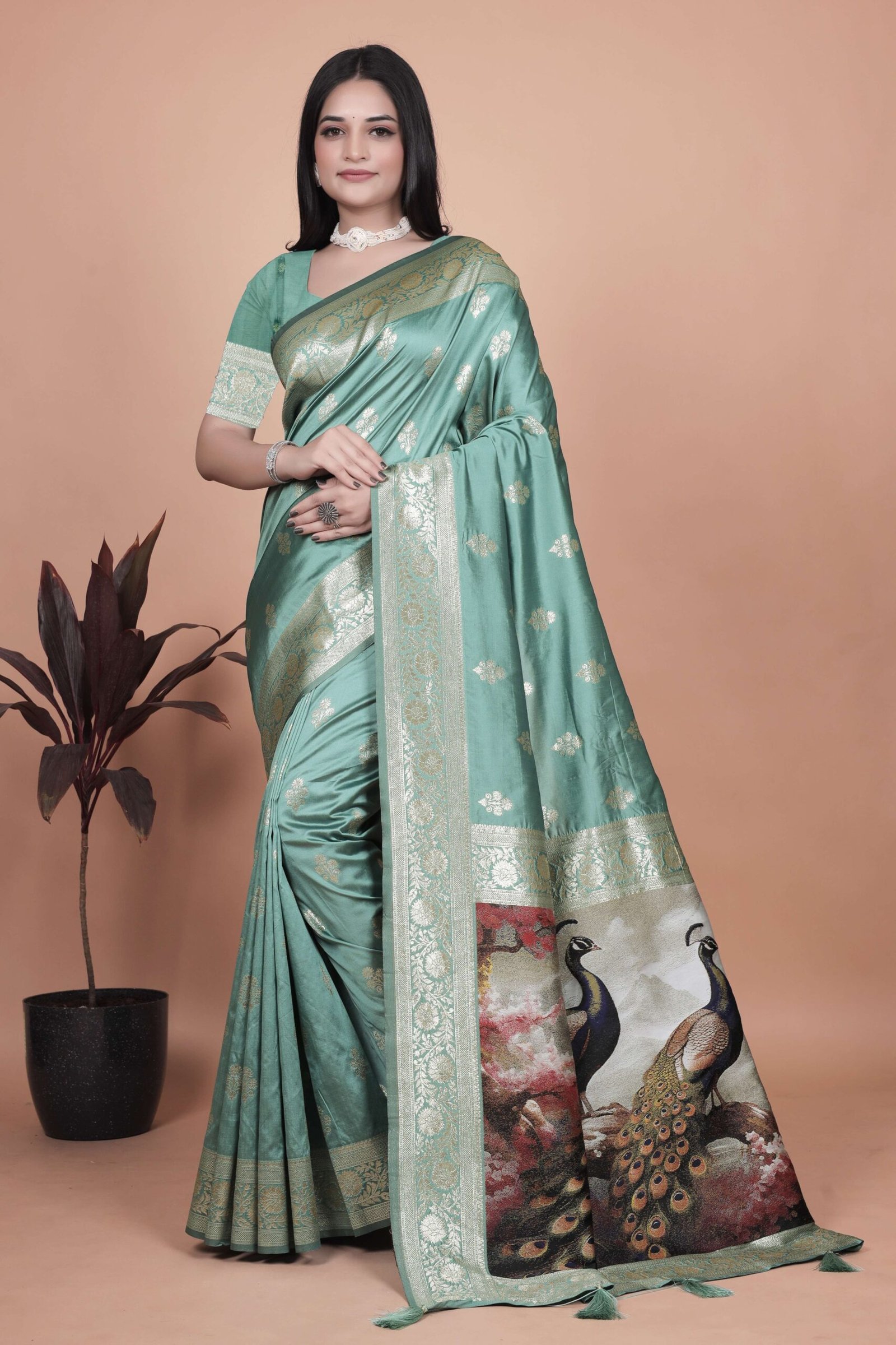 Elegant Sea Green Silk Saree with Golden Zari & Peacock Motif Pallu | Wedding, Festive & Traditional Wear
